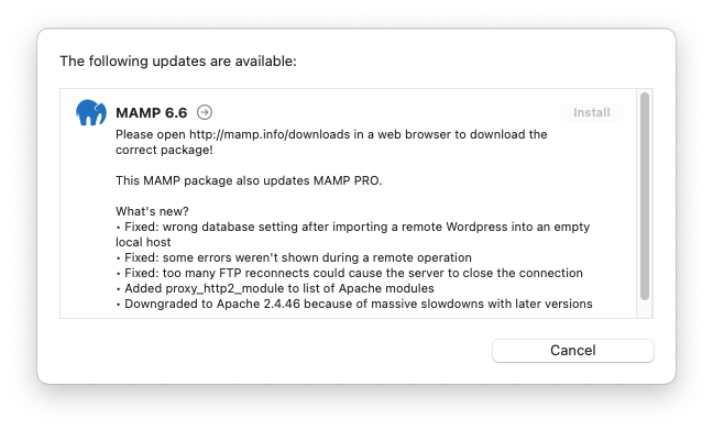 MAMP 6.6 Update Install Button Unclickable